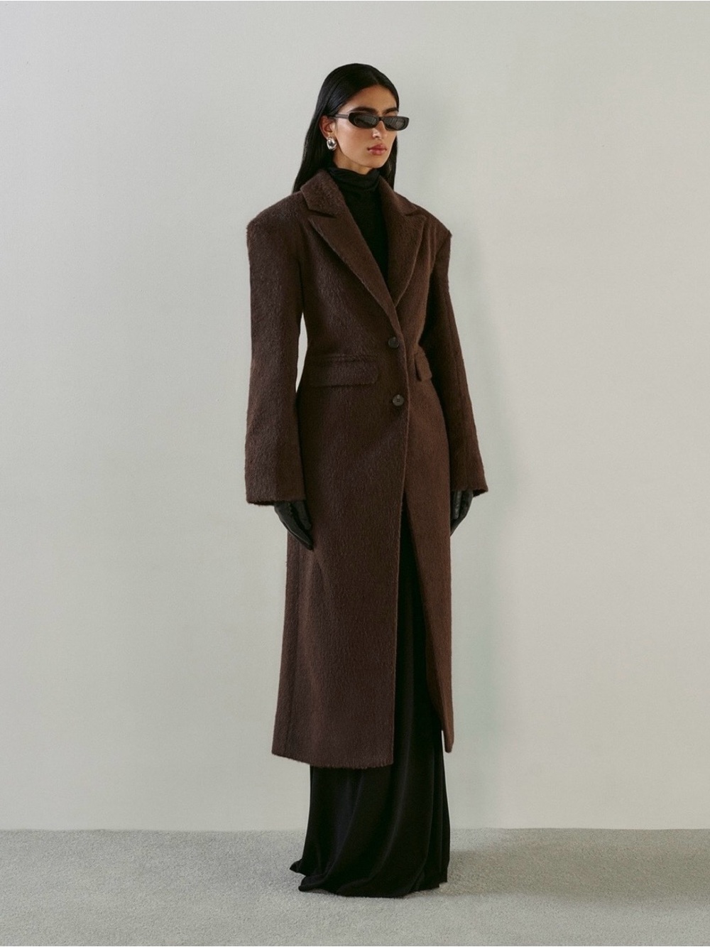 Long Brown Textured Wool Coat - Elegant Single-Breasted Design